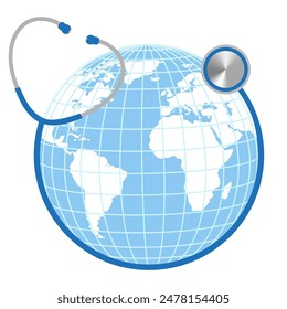 Illustration of a blue stethoscope with a globe on a white background