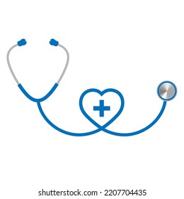 Illustration of a blue stethoscope in the shape of a heart on a white background