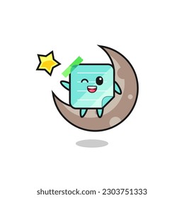 illustration of blue sticky notes cartoon sitting on the half moon , cute style design for t shirt, sticker, logo element