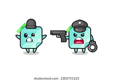 ilustración de robber de notas pegajosas azules con las manos arriba pose pillada por la policía, diseño de estilo lindo para camiseta, pegatina, elemento logo