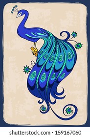 Illustration with blue stylized ornamental peacock