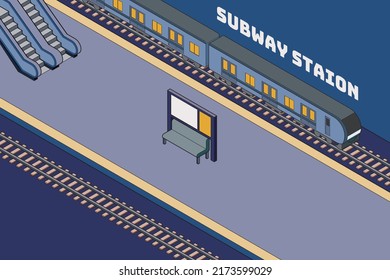 Illustration of a blue subway car and station platform. Isometric style, with main lines. Subway concept.
