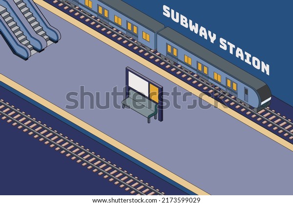 Illustration of a blue\
subway car and station platform. Isometric style, with main lines.\
Subway concept.\
