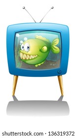 Illustration of a blue television with a fish on a white background