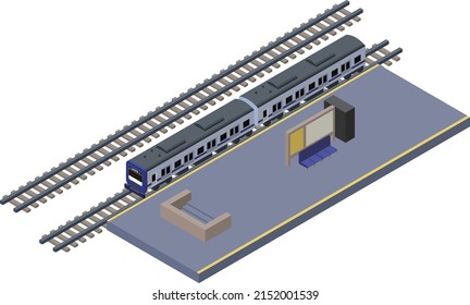 Illustration of a blue train stopping at a station platform. Iconic white background, isometric style, for infographics and illustrations. No main lines, transportation concept.