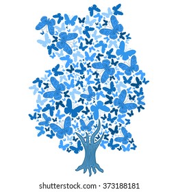 illustration of blue tree from butterflies on white background