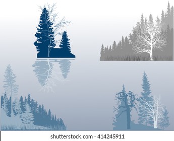 ilustração com conjunto de composições de árvores azuis