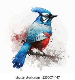 illustration of blue tropical bird on branch in watercolor effect