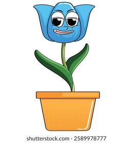 Illustration of a blue tulip in a flower pot on a white background