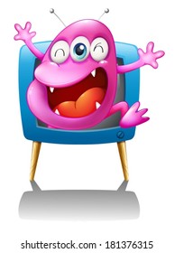Illustration blue TV and pink monster white background