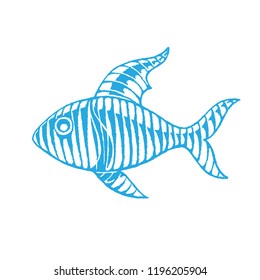 Illustration der blauen vektorisierten Tintenfisch-Skizze von Fisch einzeln auf weißem Hintergrund