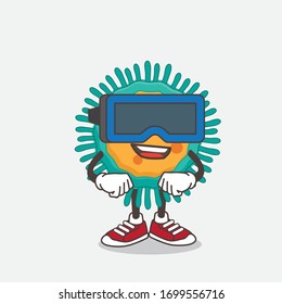 An illustration of Blue Virus cartoon mascot character with Virtual reality headset