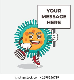 An illustration of Blue Virus cartoon mascot character with board sign message
