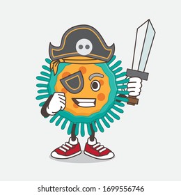 An illustration of Blue Virus cartoon mascot character in pirate style and wearing hat and sword