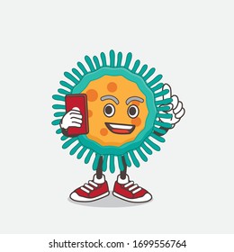 An illustration of Blue Virus cartoon mascot character speaking on the phone