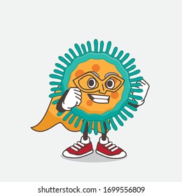 An illustration of Blue Virus cartoon mascot character dressed as a Super hero