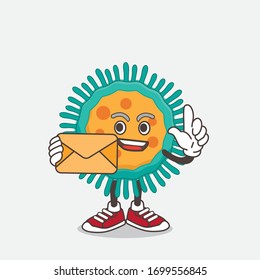 An illustration of Blue Virus cartoon mascot character holding an envelope