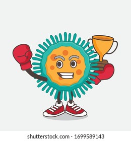 An illustration of Blue Virus cartoon mascot character as Boxing winner of arcade game machine