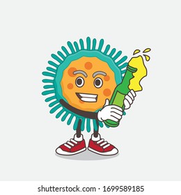 An illustration of Blue Virus cartoon mascot character holding a bottle of beer