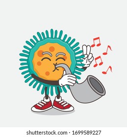 An illustration of Blue Virus cartoon mascot character playing music with trumpet