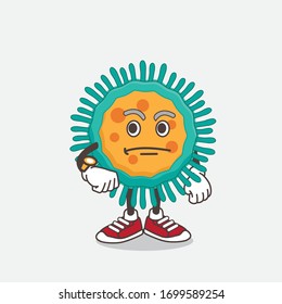 An illustration of Blue Virus cartoon mascot character on a waiting gesture