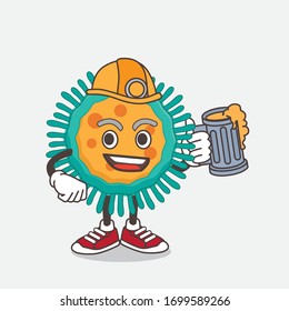 An illustration of Blue Virus cartoon mascot character holding a glass of beer