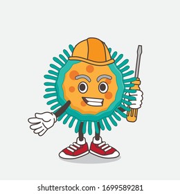An illustration of Blue Virus cartoon mascot character as smart technician
