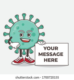 An illustration of Blue Virus cartoon mascot character holding a board sign message