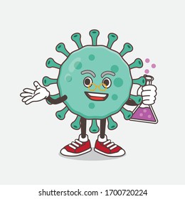 An illustration of Blue Virus cartoon mascot professor character with glass tube