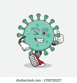 An illustration of Blue Virus cartoon mascot character making Thumbs up gesture