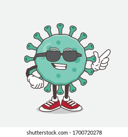 An illustration of Blue Virus cartoon mascot character wearing black glasses