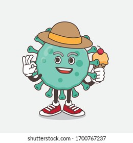 An illustration of Blue Virus cartoon mascot character holding ice cream