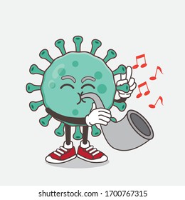 An illustration of Blue Virus cartoon mascot character playing music with trumpet