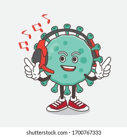 An illustration of Blue Virus cartoon mascot character Listening music on a headset