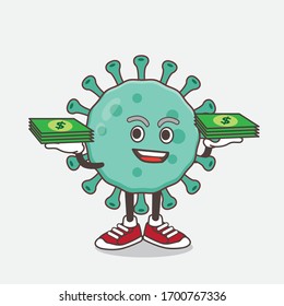 An illustration of Blue Virus cartoon mascot character with money on hands
