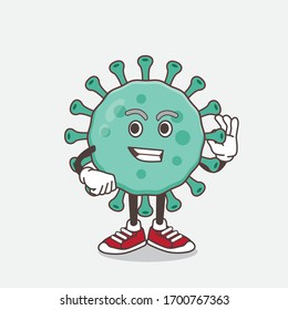 An illustration of Blue Virus cartoon mascot character with calling gesture