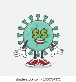 An illustration of Blue Virus cartoon mascot character with money symbol on eyes