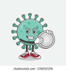 An illustration of Blue Virus cartoon mascot character holding a silver coin medal