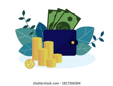 An illustration of a blue wallet with green money and a stack of coins. Leaves in the background. E-commerce concept. Isolated on white.
