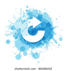 Illustration with blue water color paint splashes and smudges. Vector symbol.  A turn arrow silhouette. 