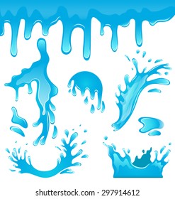 Illustration Blue Water Drops, Splashing Waves, Crown, Surge, Puddle, Ripples, Set Isolated on White Background - Vector