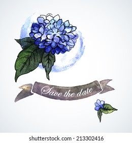 Illustration with blue watercolor hydrangea. Hand painting. Illustration for greeting cards, invitations, and other printing projects.
