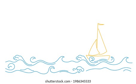 Illustration with blue waves and sailboat.