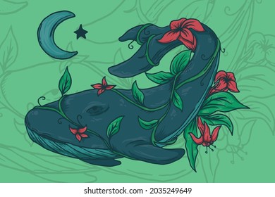 Illustration of blue whale and crescent moon, with vines decorating