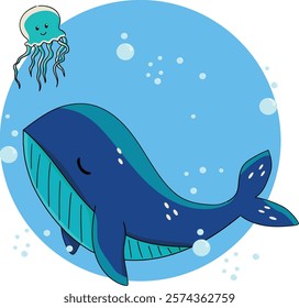 Illustration of a blue whale and jellyfish swimming in bubbles.