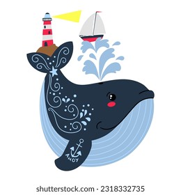 Illustration of a blue whale with a lighthouse lighting the way to a ship, design for t-shirt