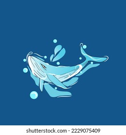 Illustration of a blue whale surrounded by water, animal vector.