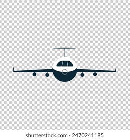 Illustration of blue and white airplane seen from the front