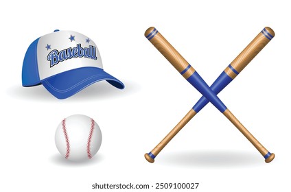 An illustration of a blue and white baseball cap, two crossed wooden bats with blue accents, and a classic baseball with red stitching. The cap has the word "Baseball" emblazoned on the front