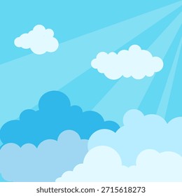 Illustration von blauen und weißen Wolken auf blauem Hintergrund im flachen Stil. Abstrakte Entwurfsvorlage. Blauer Himmel.